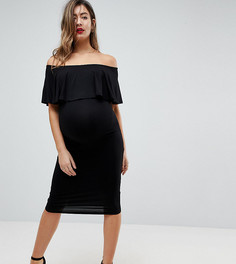Платье-футляр миди с вырезом лодочкой и оборкой ASOS Maternity - Черный