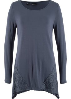 Футболка с удлиненными боковыми краями и кружевными вставками (цвет голубики) Bonprix