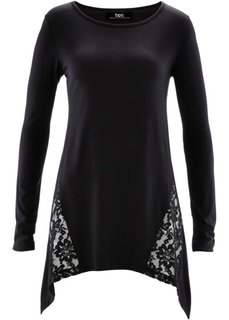 Футболка с удлиненными боковыми краями и кружевными вставками (черный) Bonprix