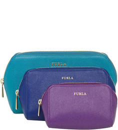 Набор из трех кожаных косметичек бирюзового, фиолетового и синего цветов Furla