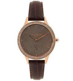 Часы с коричневым кожаным браслетом и отделкой кристаллами Swarowski Karen Millen