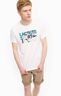 Белая хлопковая футболка с ярким принтом Lacoste