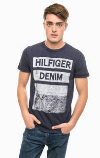 Синяя футболка из хлопка с принтом Hilfiger Denim
