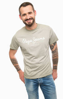 Серая хлопковая футболка с принтом Pepe Jeans
