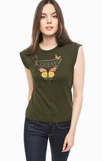 Футболка цвета хаки с яркой вышивкой Guess