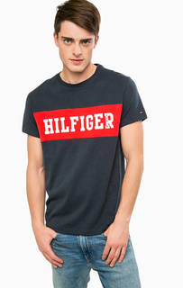 Синяя хлопковая футболка с принтом Hilfiger Denim
