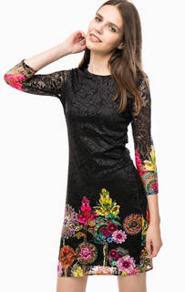 Черное кружевное платье-футляр с принтом Desigual