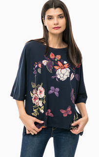 Синяя футболка оверсайз с цветочным принтом Desigual