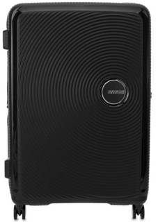 Черный пластиковый чемодан с двумя отделами American Tourister