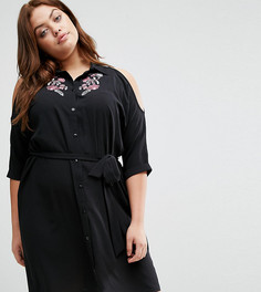 Платье-рубашка с открытыми плечами и вышивкой New Look Curve - Черный