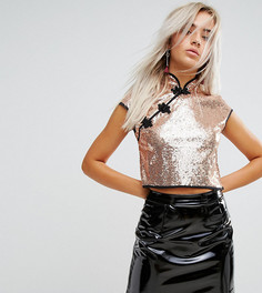Топ с пайетками и воротником в восточном стиле ASOS PETITE - Розовый