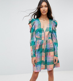 Платье мини в клетку с пышными рукавами ASOS TALL - Мульти