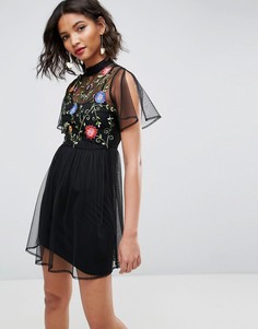 Сетчатое приталенное платье с цветочной вышивкой и разрезами на рукавах ASOS - Черный