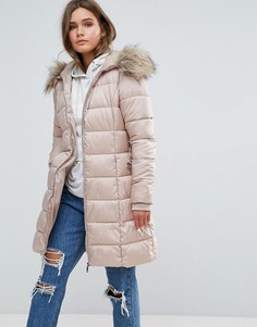 Стеганая куртка с искусственным мехом на капюшоне New Look - Бежевый
