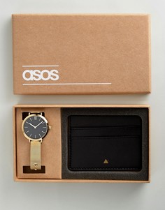 Подарочный набор из кожаной визитницы и часов с сетчатым ремешком ASOS Premium - Золотой