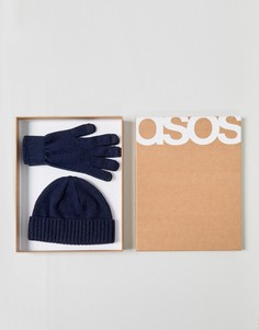 Темно-синяя шапка-бини и перчатки из овечьей шерсти в подарочном наборе ASOS - Темно-синий