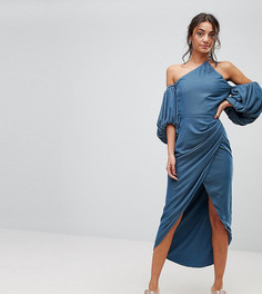 Бархатное платье миди на одно плечо с драпировкой ASOS TALL - Синий