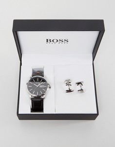 Часы с кожаным ремешком и запонки в подарочном наборе BOSS By Hugo Boss - Черный