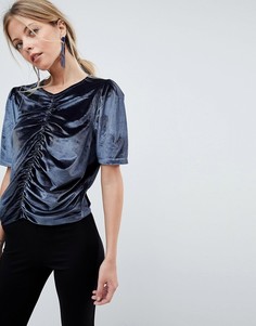 Бархатная футболка с пышными рукавами и сборками ASOS - Серый
