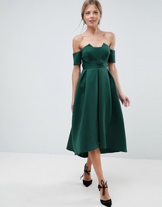 Платье миди для выпускного с открытыми плечами и складками на талии ASOS - Зеленый