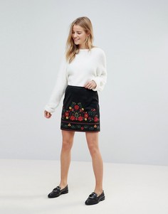 Мини-юбка из искусственной замши с вышивкой New Look - Черный