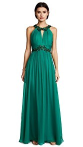 Marchesa Notte Chiffon Halter Gown with Beaded Appliques
