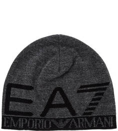 Серая трикотажная шапка с логотипом бренда EA7