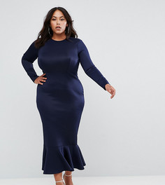 Облегающее платье миди с длинными рукавами и оборкой Club L Plus - Темно-синий