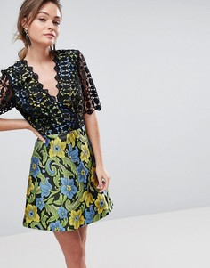 Короткое приталенное платье с кружевным верхом ASOS PREMIUM - Мульти