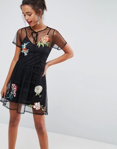 Сетчатое платье мини с цветочной отделкой ASOS PREMIUM - Черный