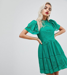 Кружевное платье мини с пышными рукавами ASOS PETITE - Зеленый