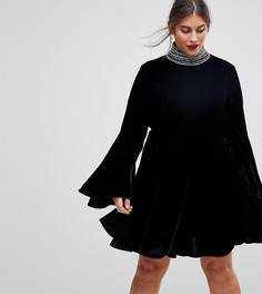 Декорированное короткое приталенное платье мини из бархата ASOS CURVE - Черный