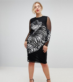 Облегающее платье миди с сетчатой отделкой и тигром ASOS CURVE - Черный
