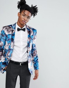 Синий бархатный приталенный блейзер с цветочным принтом ASOS - Синий