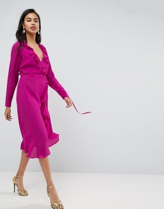 Платье миди с запахом и оборками ASOS - Розовый
