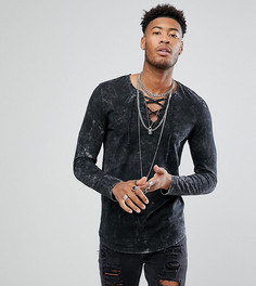 Длинный лонгслив с эффектом кислотной стирки и шнуровкой ASOS TALL - Черный