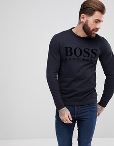 Темно-синий бархатный свитшот с круглым вырезом и логотипом BOSS Casual - Темно-синий