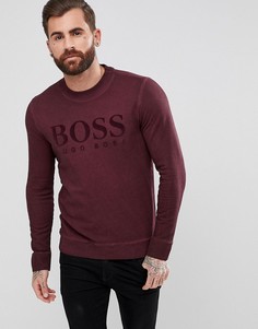 Бордовый бархатный свитшот с круглым вырезом и логотипом BOSS - Красный