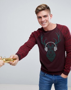 Джемпер с новогодним принтом оленя в наушниках Esprit - Красный