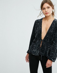 Бархатный топ с завязкой и выжженным эффектом New Look - Черный
