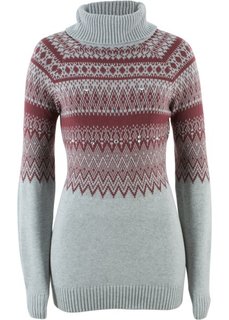 Пуловер-водолазка, украшенный бусинами (светло-серый меланж/кленово-красный с узором) Bonprix