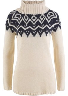 Пуловер с высоким воротником и длинным рукавом (кремовый меланж/темно-синий принт) Bonprix