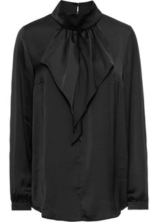 Сатиновая блузка с воланом (черный) Bonprix