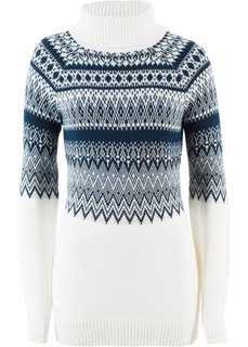 Пуловер-водолазка, украшенный бусинами (кремовый/темно-синий с узором) Bonprix