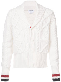 Shawl Collar Cardigan With Aran Cable In Fine Merino Wool And Red, White And Blue Cuff Stripe Thom Browne