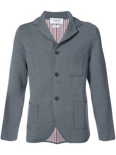 Double Knit Sport Coat With Red, White And Blue Stripe In Grey Fine Merino Wool Thom Browne