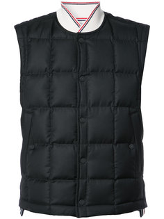Downfilled Button Front Vest In Black Super 130s Wool Twill Thom Browne