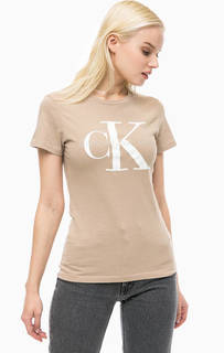 Бежевая футболка с принтом Calvin Klein Jeans