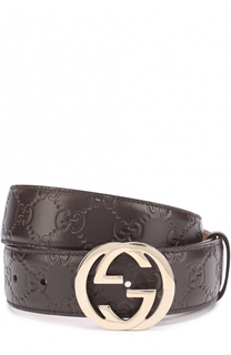 Кожаный ремень с тиснением Signature и фигурной пряжкой Gucci