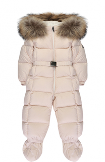 Пуховый комбинезон с меховой отделкой на капюшоне Moncler Enfant